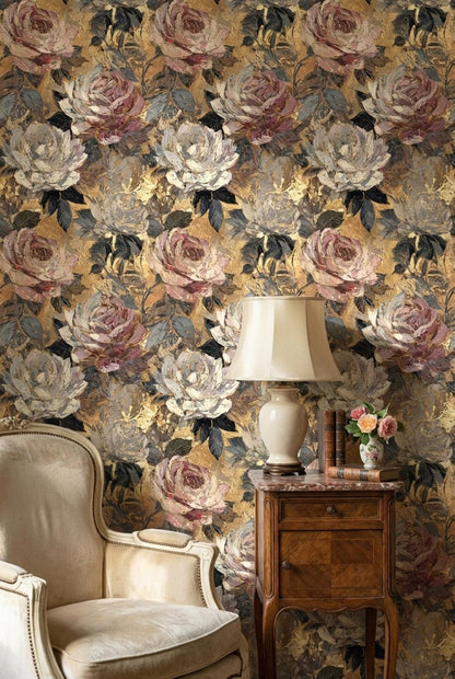 Gold Floral Wallpaper Vintage Glam Wall Mural