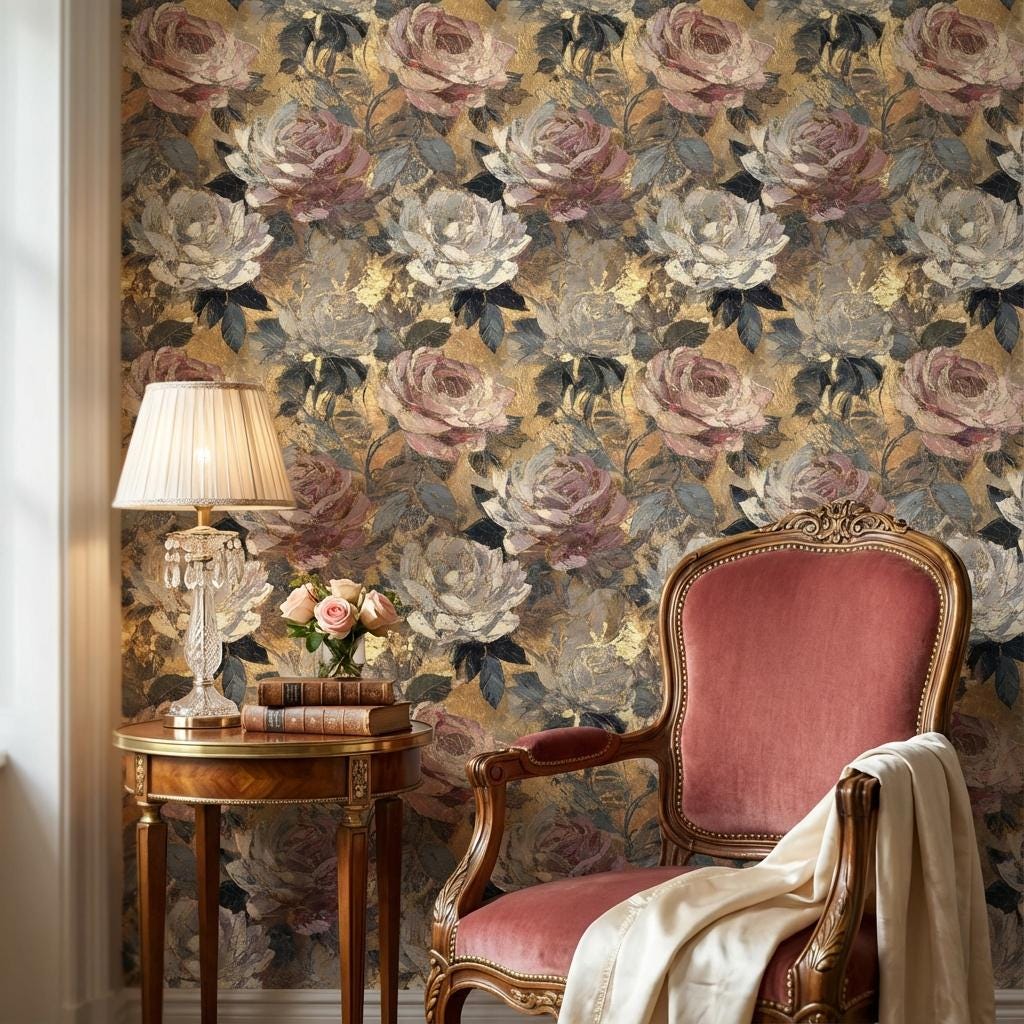 Gold Floral Wallpaper Vintage Glam Wall Mural