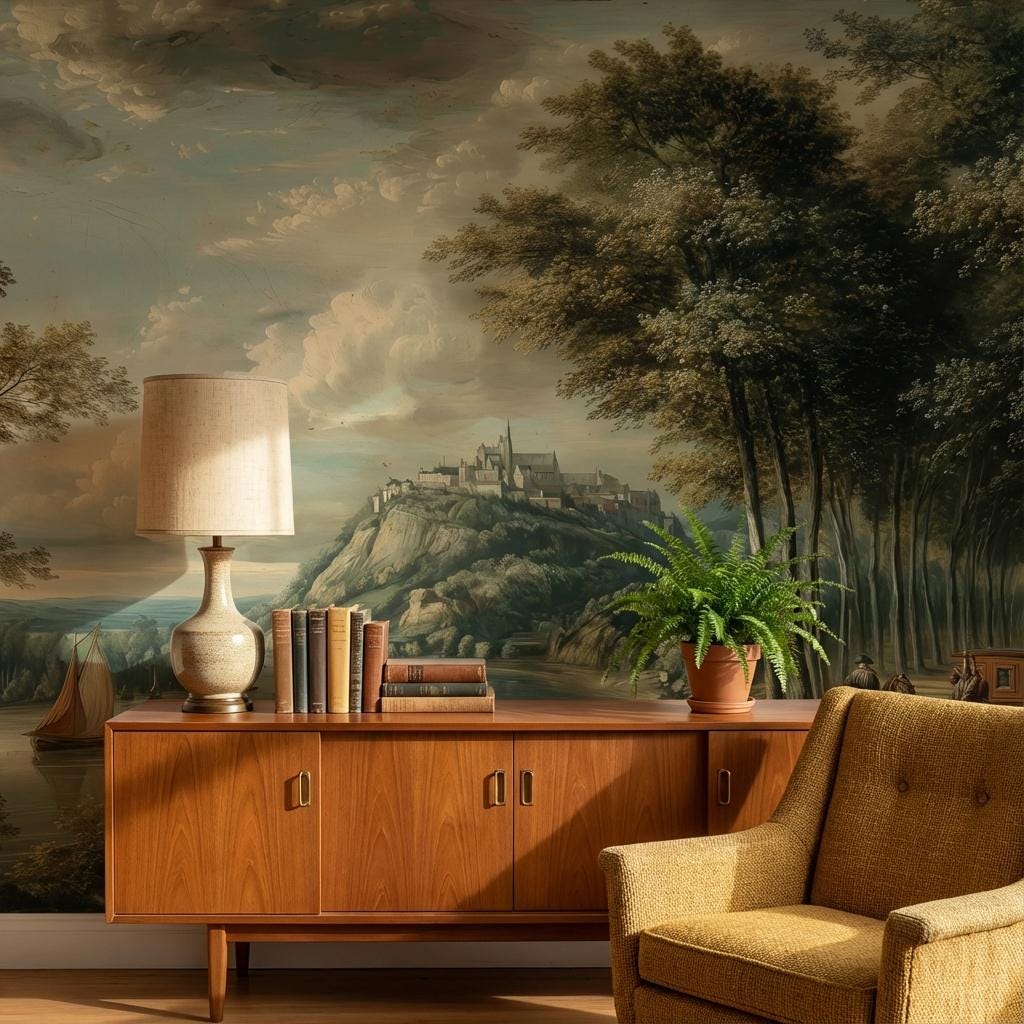 Landscape Wallpaper Castle Sailboats Wall Mural