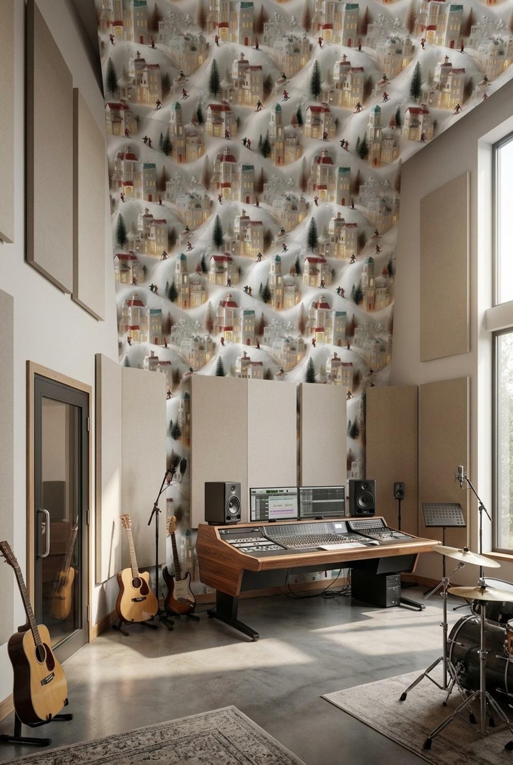 Miniature Village Wallpaper Skiing Snow Wall Mural