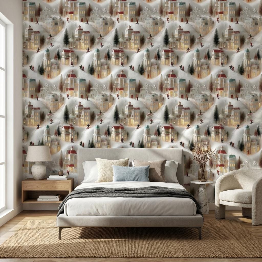 Miniature Village Wallpaper Skiing Snow Wall Mural