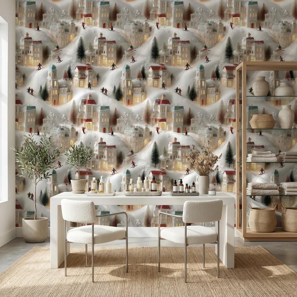 Miniature Village Wallpaper Skiing Snow Wall Mural