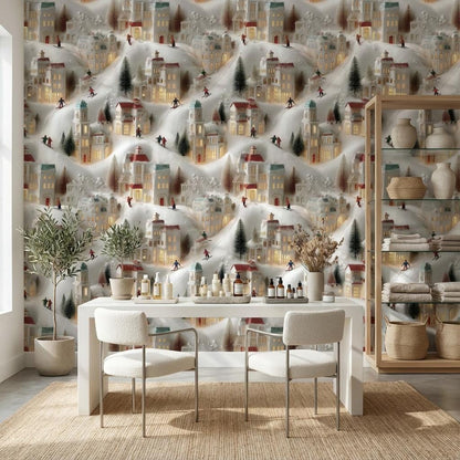 Miniature Village Wallpaper Skiing Snow Wall Mural