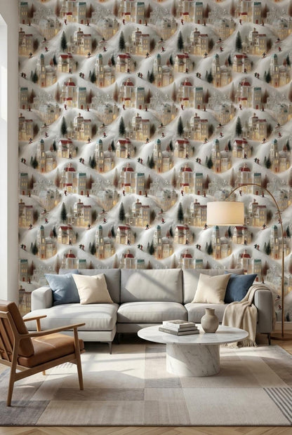 Miniature Village Wallpaper Skiing Snow Wall Mural