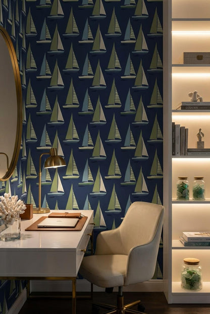 Nautical Sailboat Wallpaper Green Blue Wall Mural