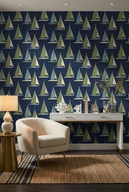Nautical Sailboat Wallpaper Green Blue Wall Mural