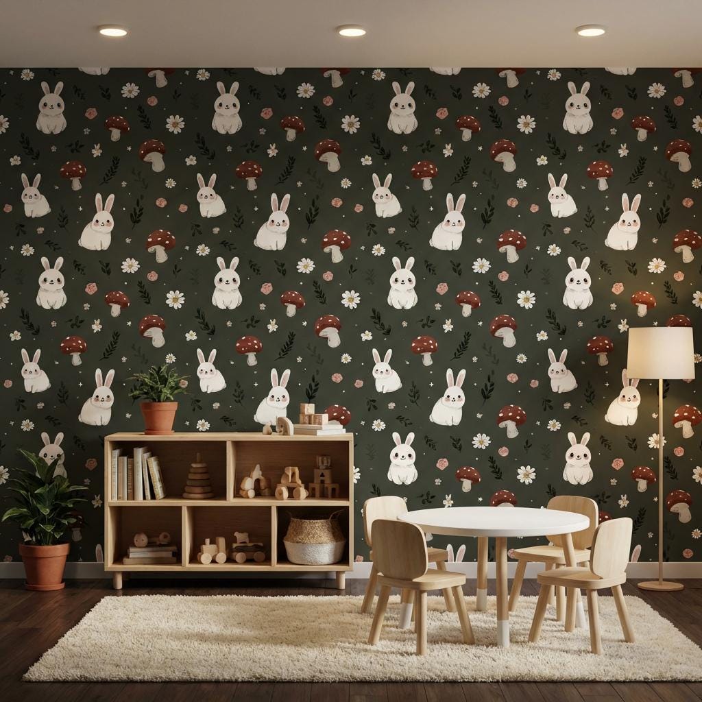 Bunnies Wallpaper Floral Whimsical Wall Mural