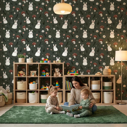 Bunnies Wallpaper Floral Whimsical Wall Mural