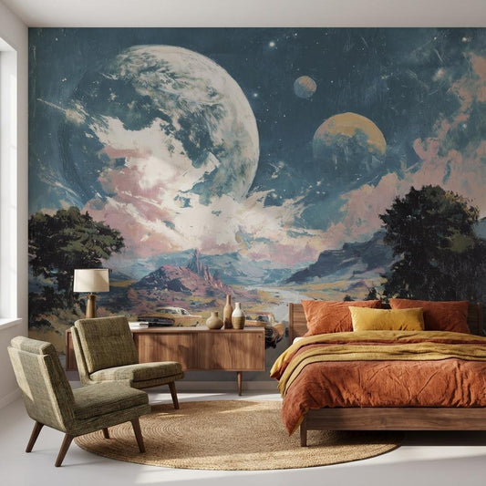 Surreal Landscape Wallpaper Vintage Cars Road Wall Mural