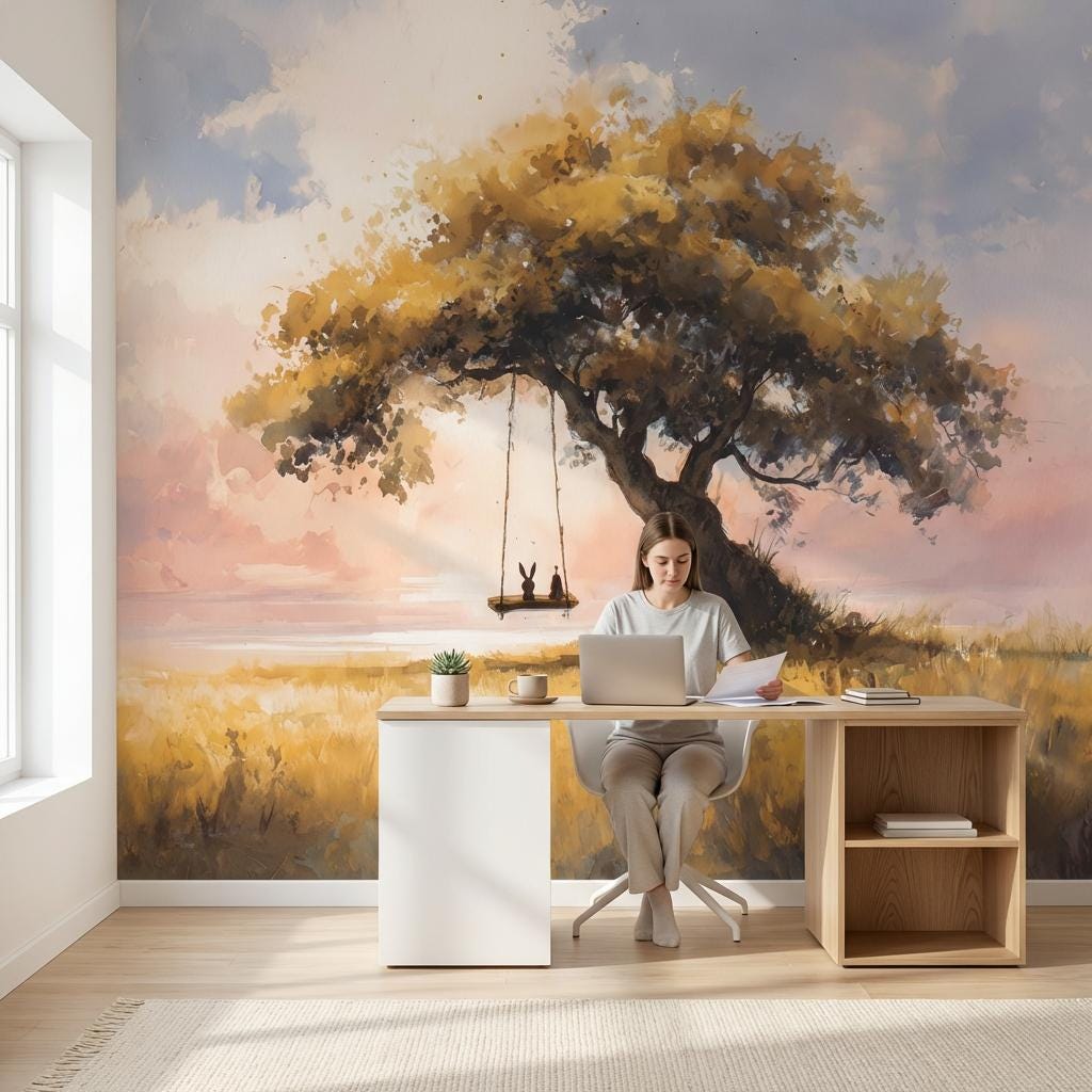 Serene Landscape Wallpaper Tree Sunset Wall Mural