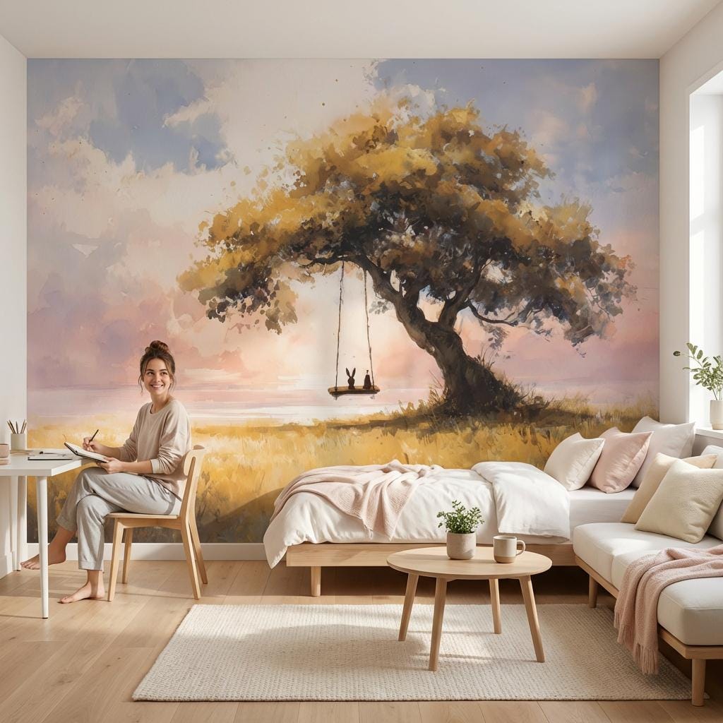 Serene Landscape Wallpaper Tree Sunset Wall Mural