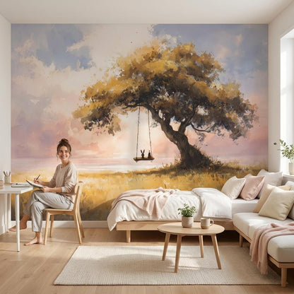 Serene Landscape Wallpaper Tree Sunset Wall Mural