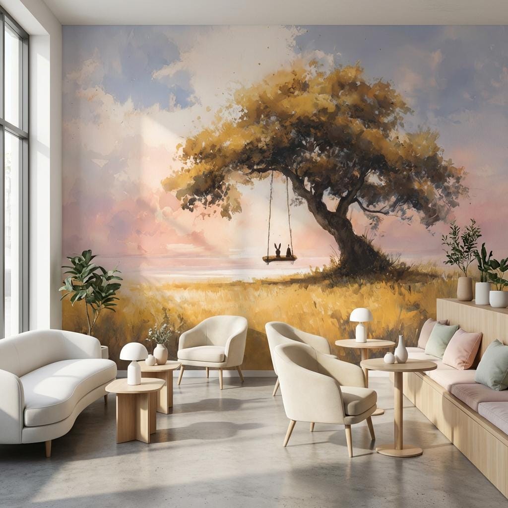 Serene Landscape Wallpaper Tree Sunset Wall Mural