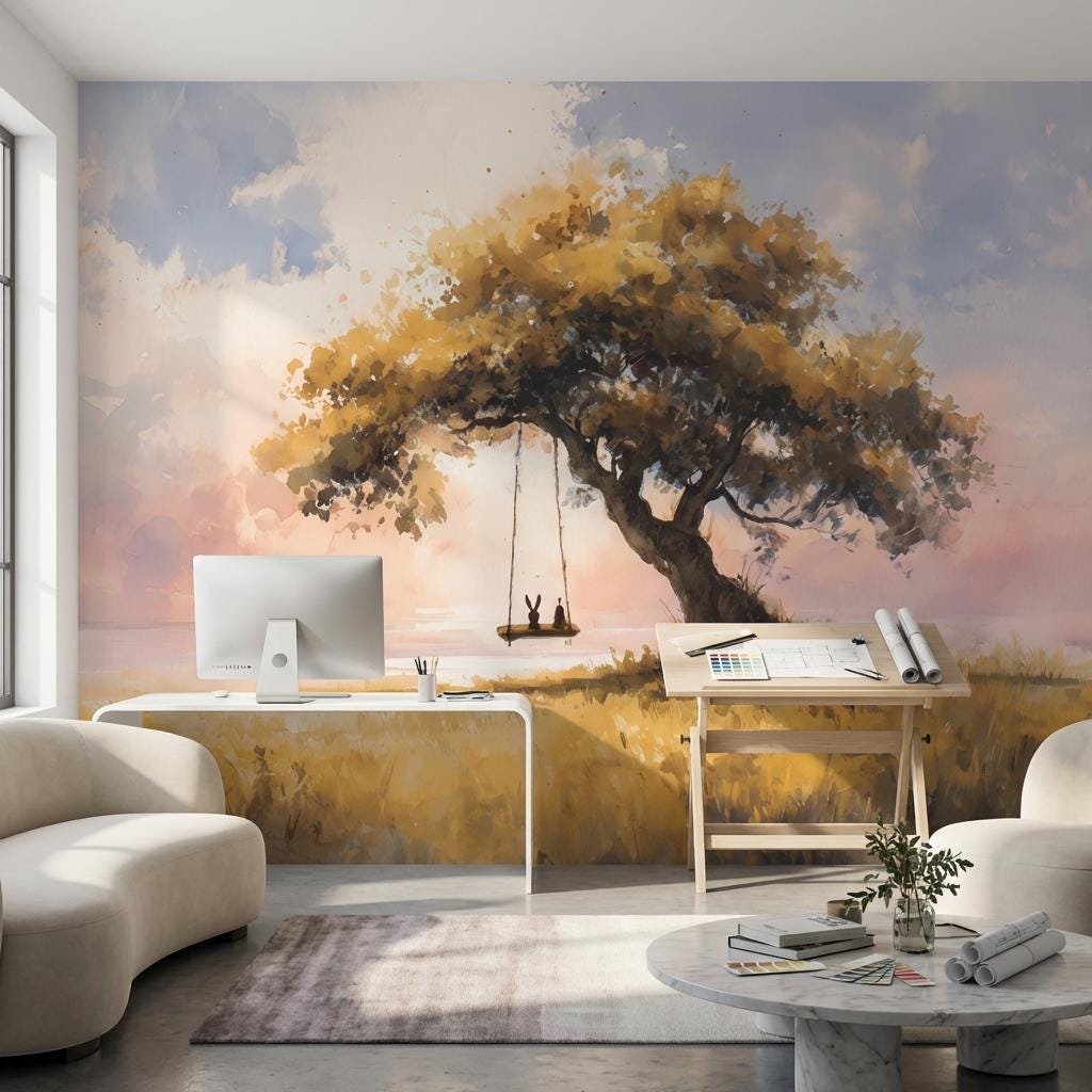 Serene Landscape Wallpaper Tree Sunset Wall Mural