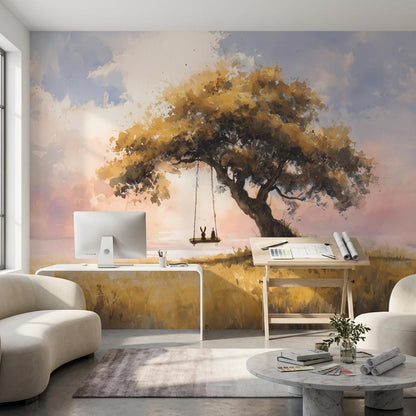 Serene Landscape Wallpaper Tree Sunset Wall Mural