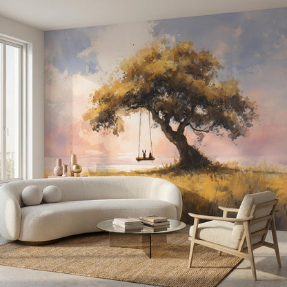 Serene Landscape Wallpaper Tree Sunset Wall Mural