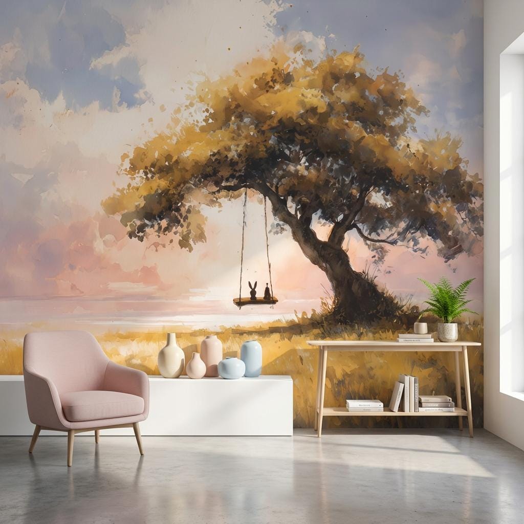 Serene Landscape Wallpaper Tree Sunset Wall Mural