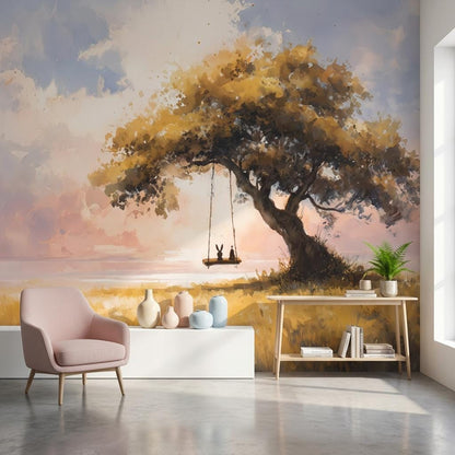 Serene Landscape Wallpaper Tree Sunset Wall Mural