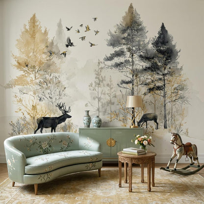 Deer Landscape Wallpaper Trees Watercolor Wall Mural