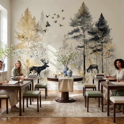 Deer Landscape Wallpaper Trees Watercolor Wall Mural