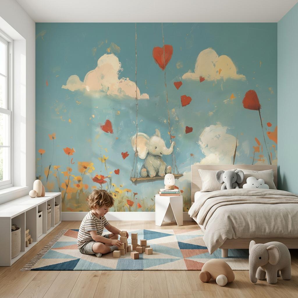 Elephant Wallpaper Swing Whimsical Wall Mural