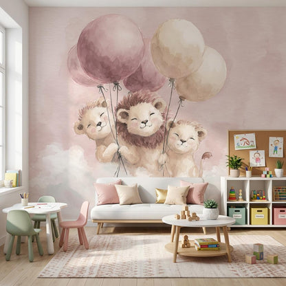 Lions Wallpaper Pink Whimsical Wall Mural