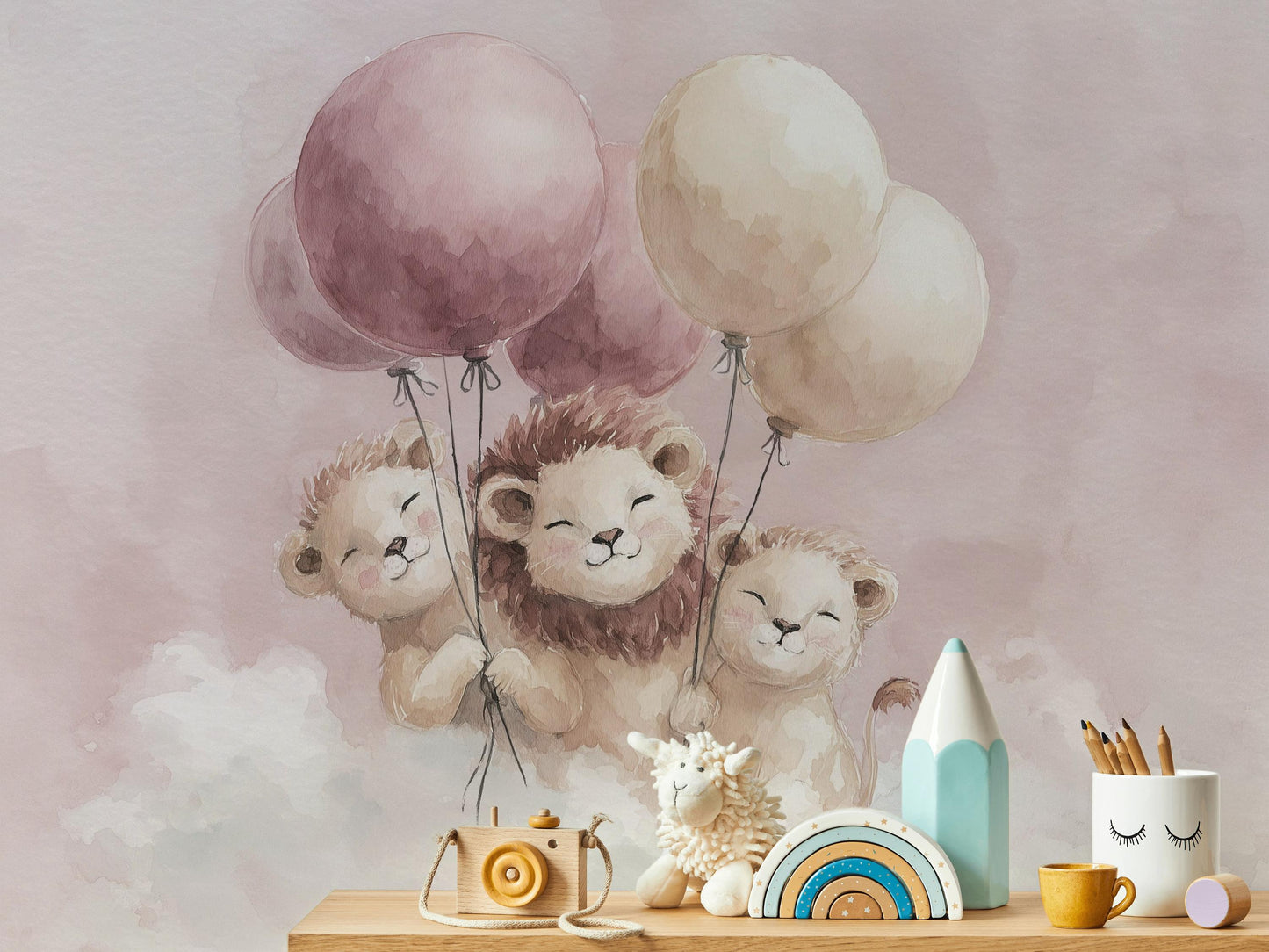 Lions Wallpaper Pink Whimsical Wall Mural
