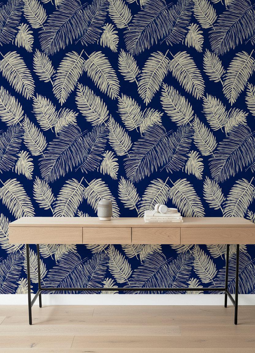 Tropical Wallpaper Palm Leaves Navy Wall Mural