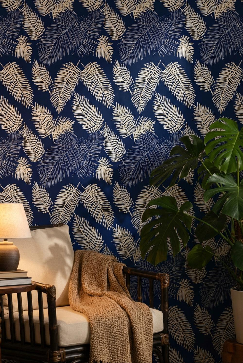 Tropical Wallpaper Palm Leaves Navy Wall Mural