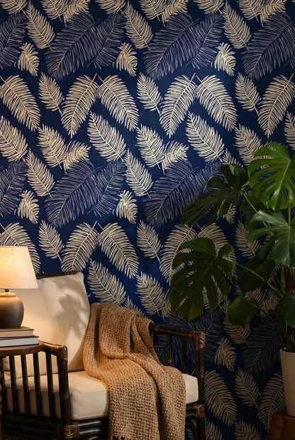 Tropical Wallpaper Palm Leaves Navy Wall Mural