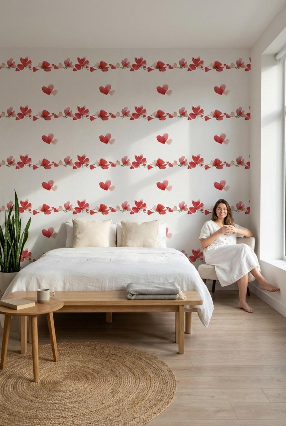 White Background Wallpaper Floral Watercolor Wall Mural