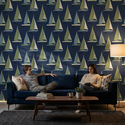 Nautical Sailboat Wallpaper Green Blue Wall Mural
