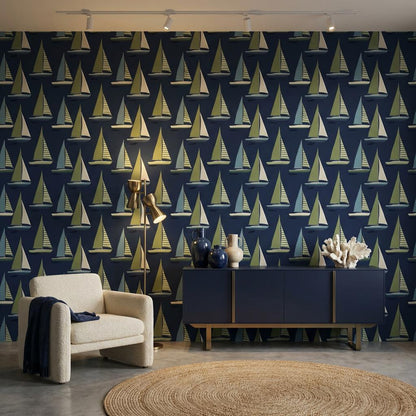 Nautical Sailboat Wallpaper Green Blue Wall Mural