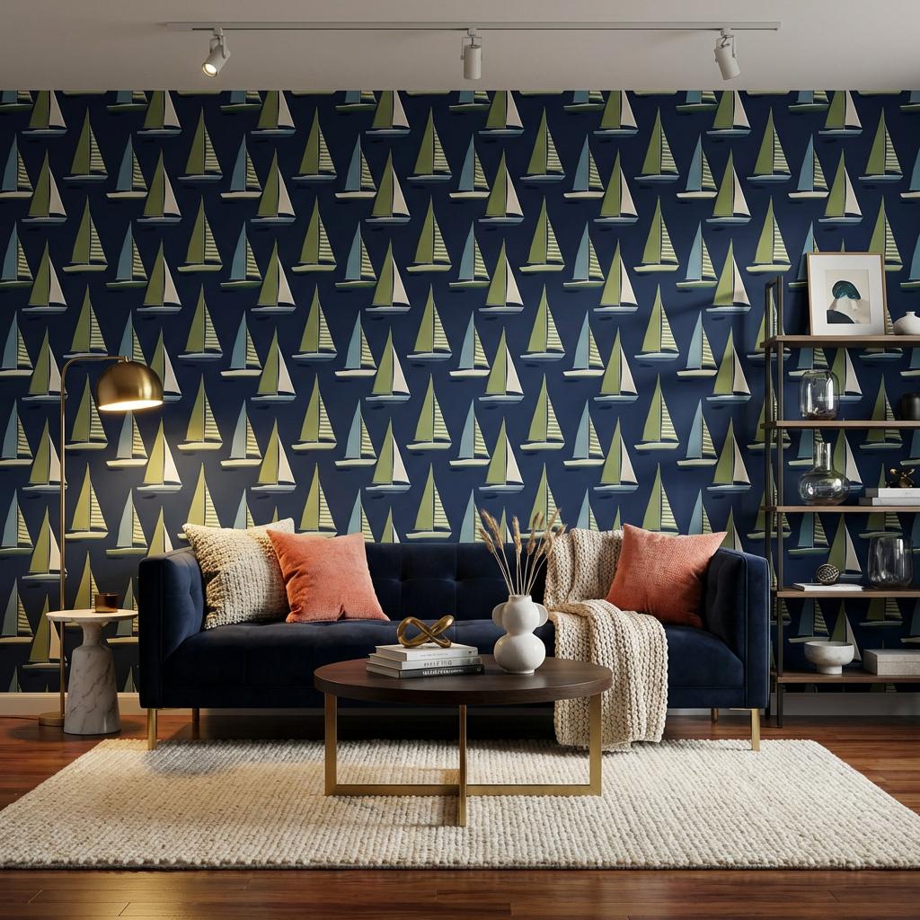 Nautical Sailboat Wallpaper Green Blue Wall Mural