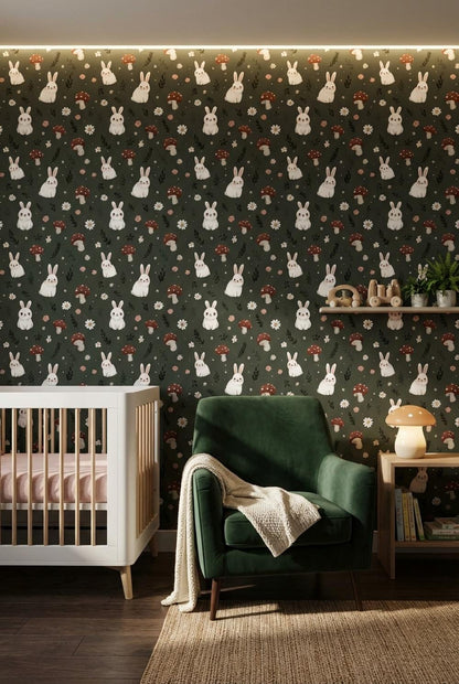 Bunnies Wallpaper Floral Whimsical Wall Mural