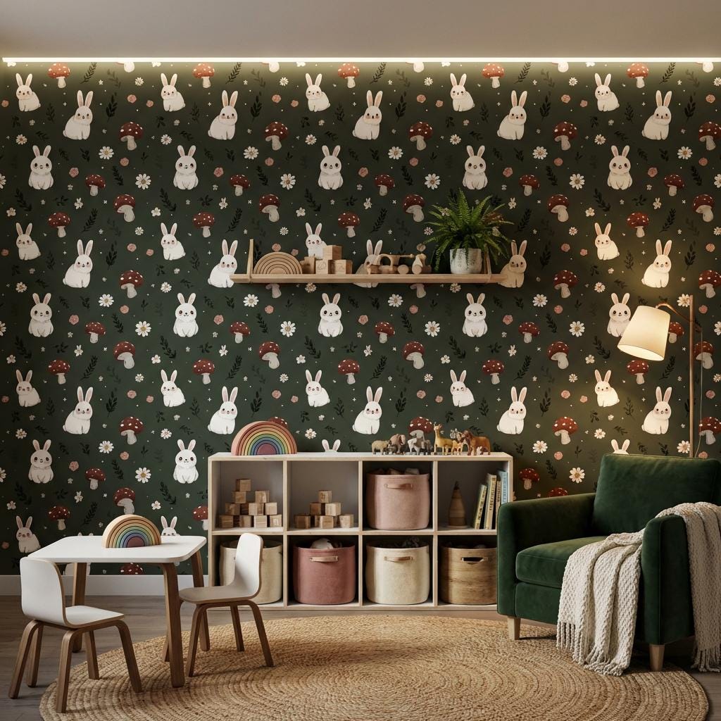 Bunnies Wallpaper Floral Whimsical Wall Mural