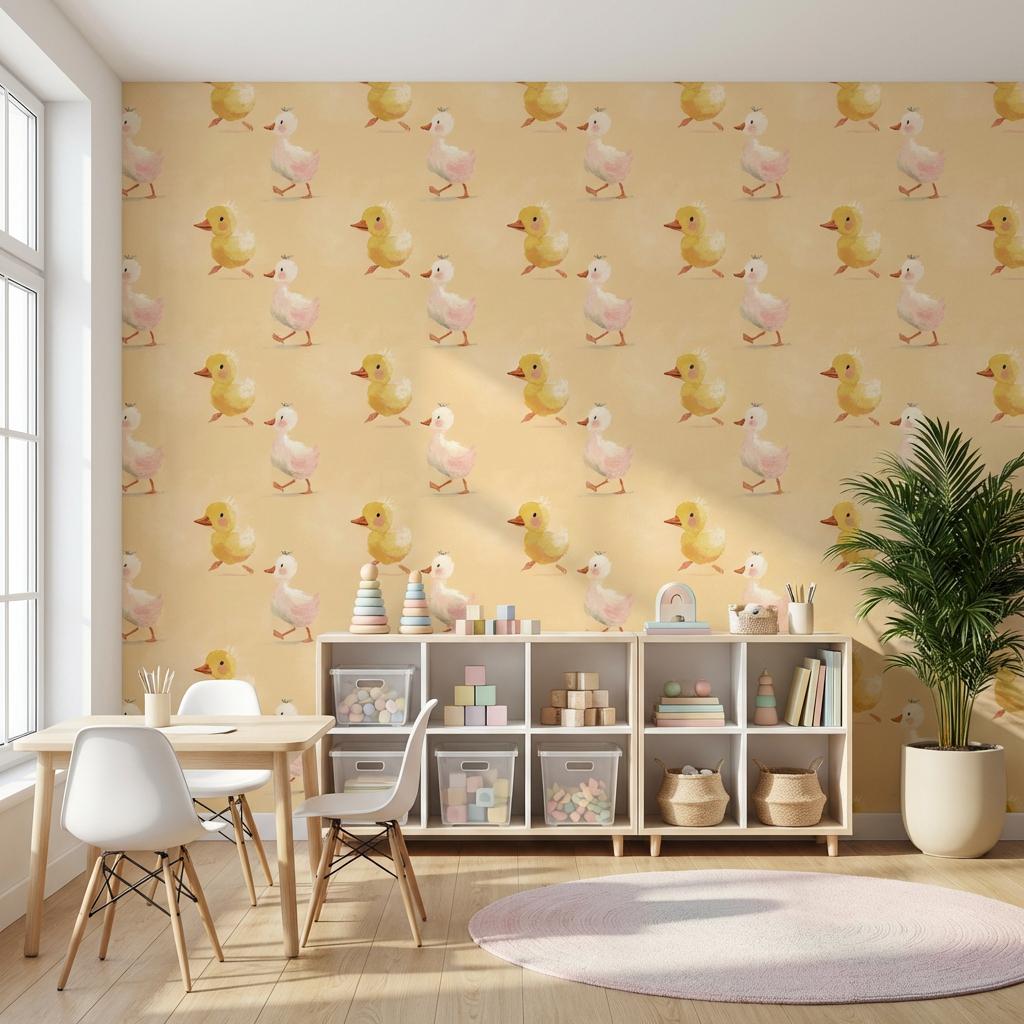 Ducklings Wallpaper Beige Cartoon Wall Mural