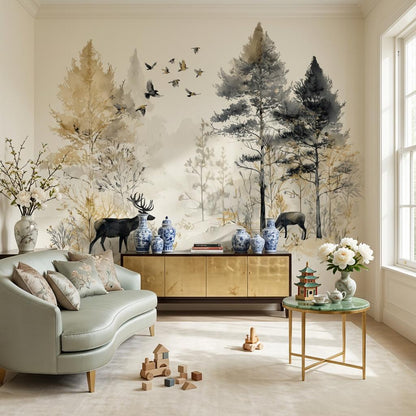 Deer Landscape Wallpaper Trees Watercolor Wall Mural