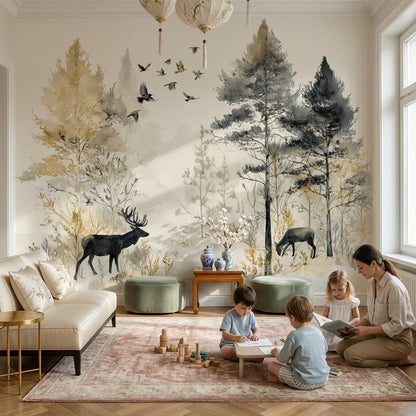 Deer Landscape Wallpaper Trees Watercolor Wall Mural