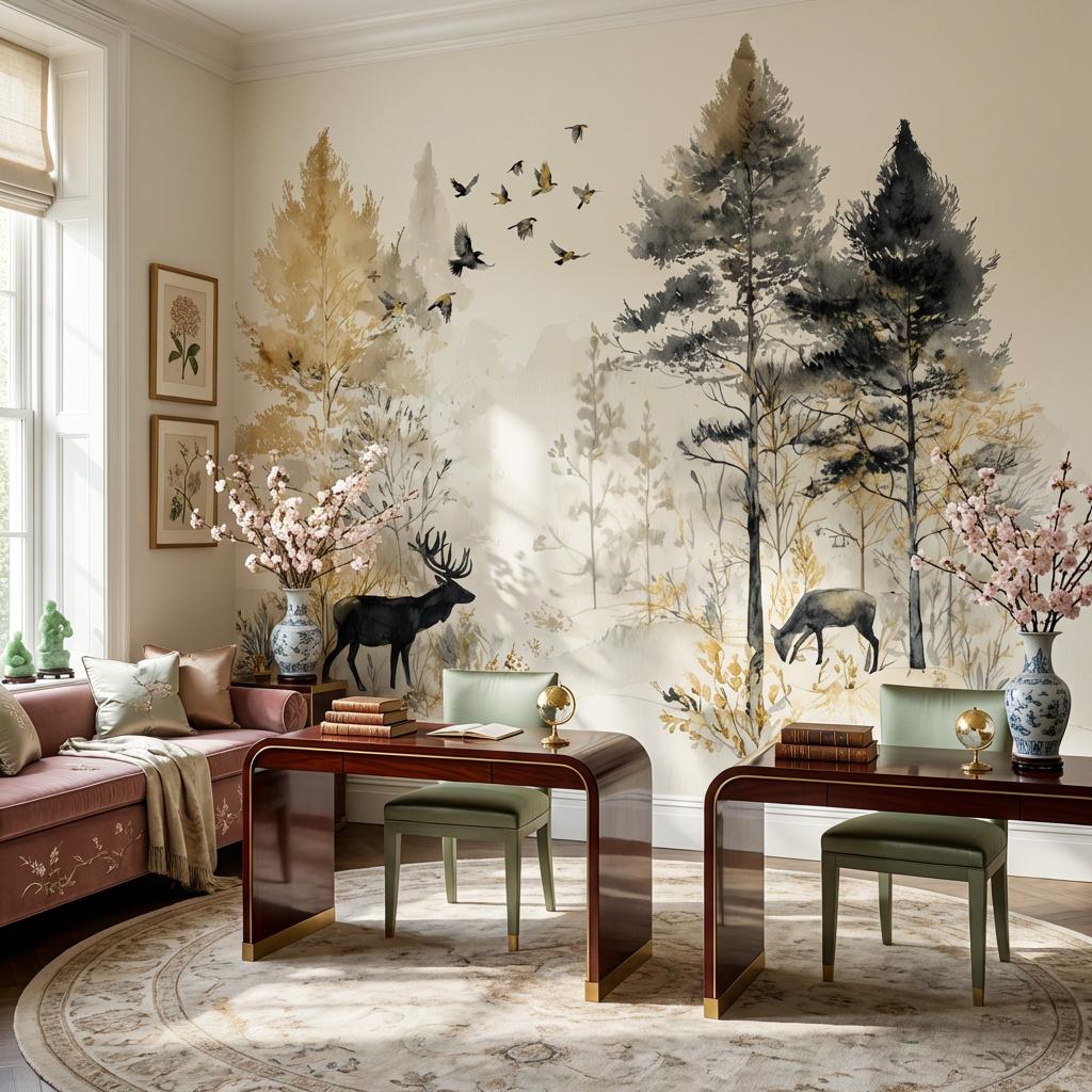 Deer Landscape Wallpaper Trees Watercolor Wall Mural