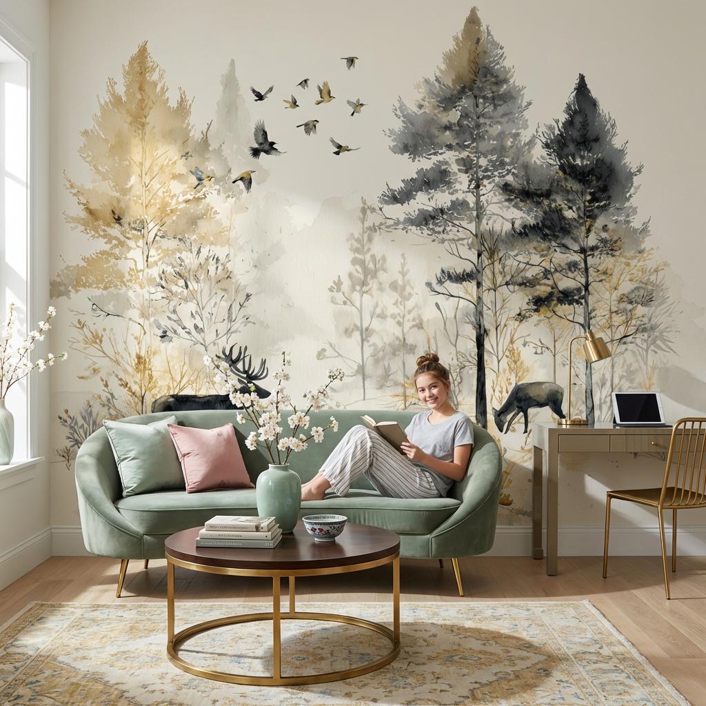 Deer Landscape Wallpaper Trees Watercolor Wall Mural