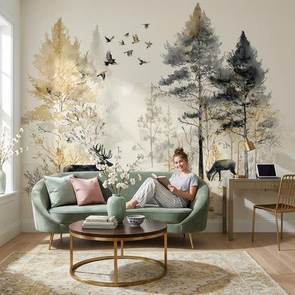 Deer Landscape Wallpaper Trees Watercolor Wall Mural