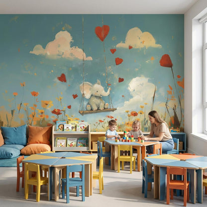 Elephant Wallpaper Swing Whimsical Wall Mural