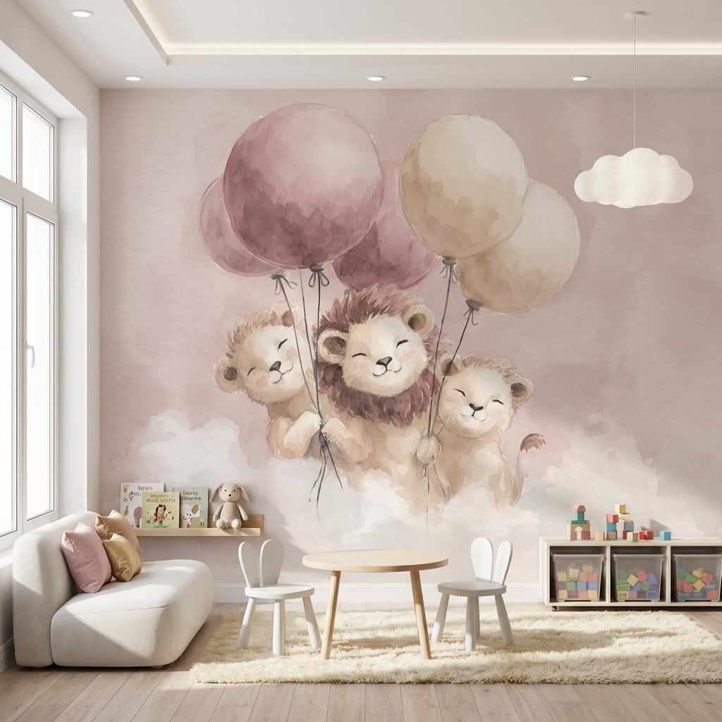 Lions Wallpaper Pink Whimsical Wall Mural