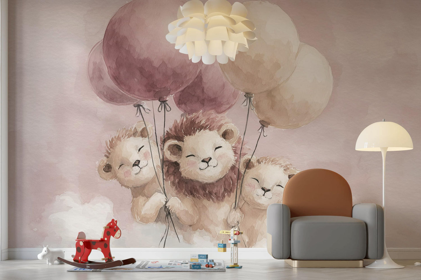 Lions Wallpaper Pink Whimsical Wall Mural