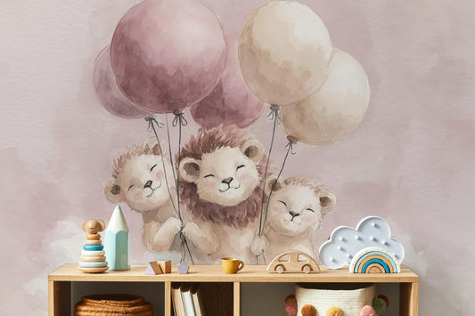 Lions Wallpaper Pink Whimsical Wall Mural
