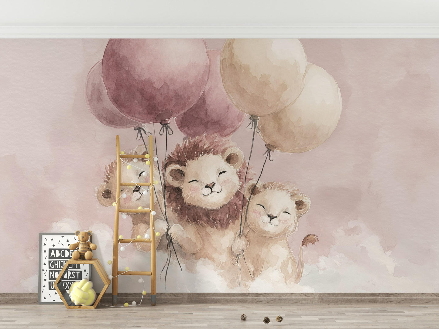Lions Wallpaper Pink Whimsical Wall Mural