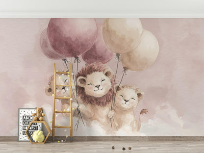 Lions Wallpaper Pink Whimsical Wall Mural