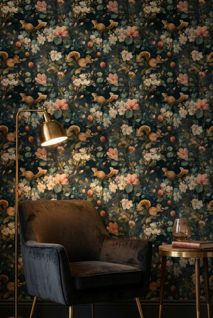 Floral Wallpaper Squirrels Classic Wall Mural