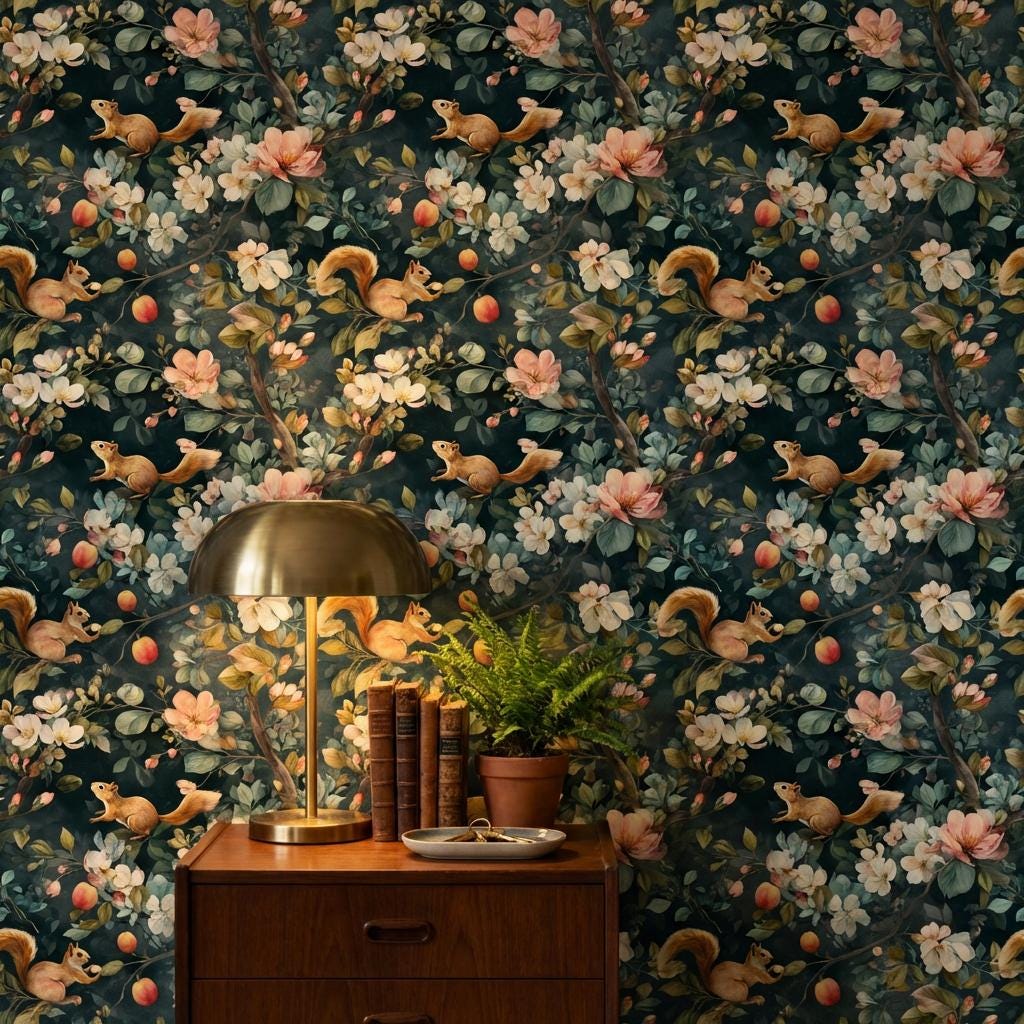 Floral Wallpaper Squirrels Classic Wall Mural